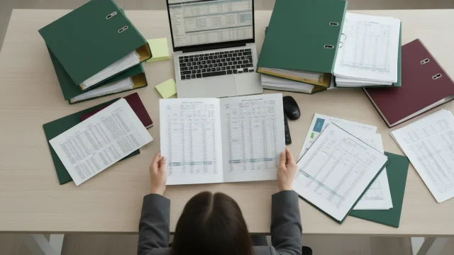 A realistic photo an accountant s desk Top view documents reports a laptop etc The woman s ha 687319