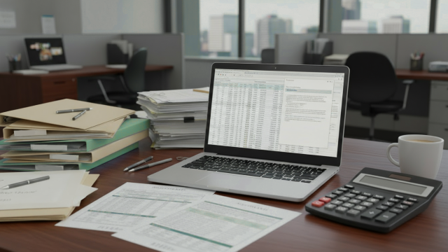 An accountant s desk with documents a laptop displaying spreadsheets and reports folders in shades 1 256346