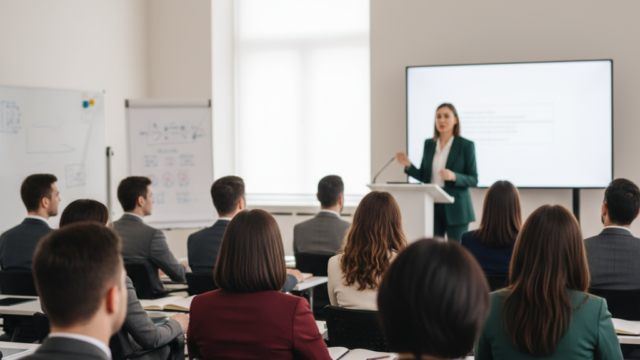 A conference room with women and men in business attire watching a lecture the image is clean and b