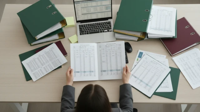 A_realistic_photo__an_accountant_s_desk__Top_view__documents__reports__a_laptop__etc__The_woman_s_ha-361421